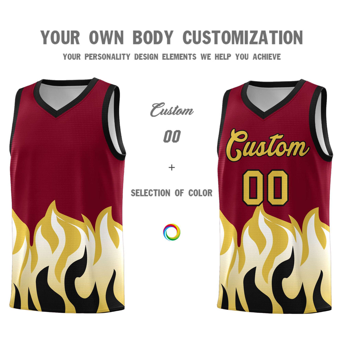 Custom Crimson Old Gold Hem Flame Pattern Fashion Sports Uniform Basketball Kits