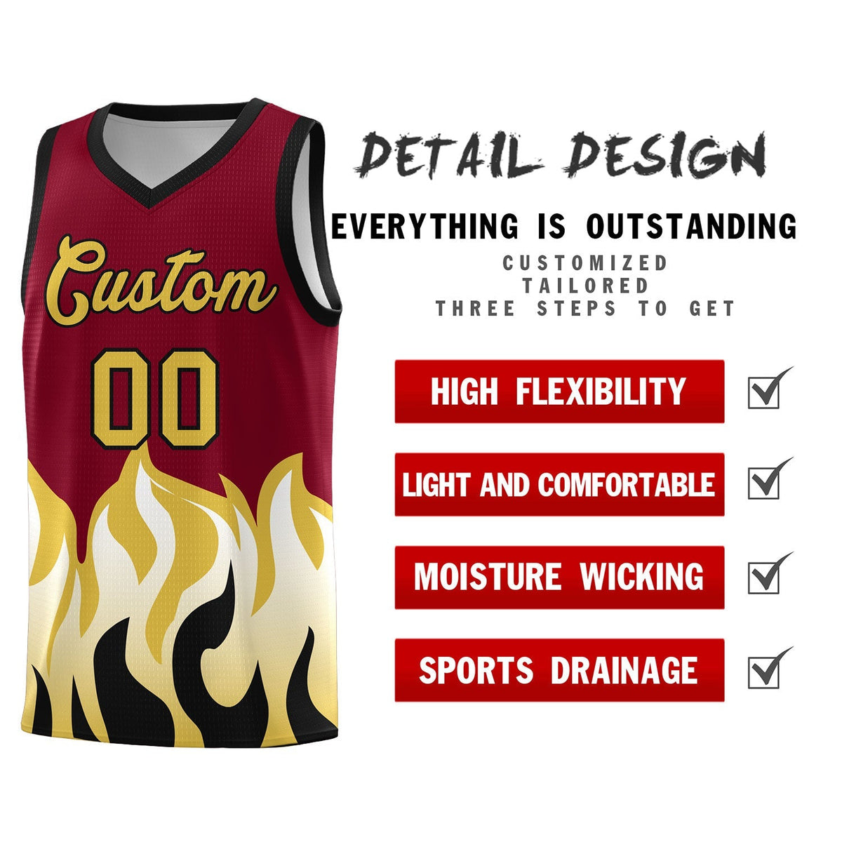 Custom Crimson Old Gold Hem Flame Pattern Fashion Sports Uniform Basketball Kits
