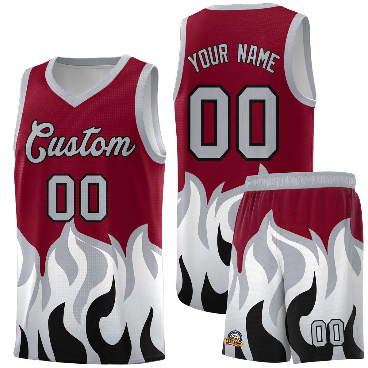 Custom Crimson Gray Hem Flame Pattern Fashion Sports Uniform Basketball Kits