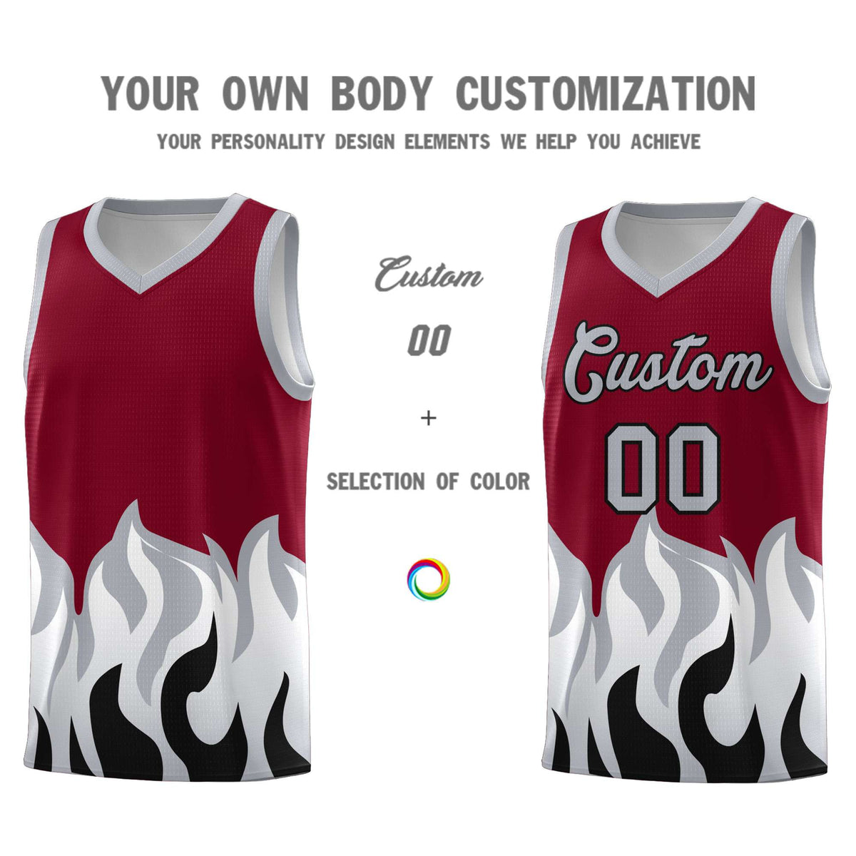 Custom Crimson Gray Hem Flame Pattern Fashion Sports Uniform Basketball Kits