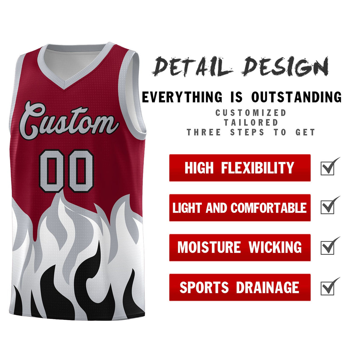 Custom Crimson Gray Hem Flame Pattern Fashion Sports Uniform Basketball Kits