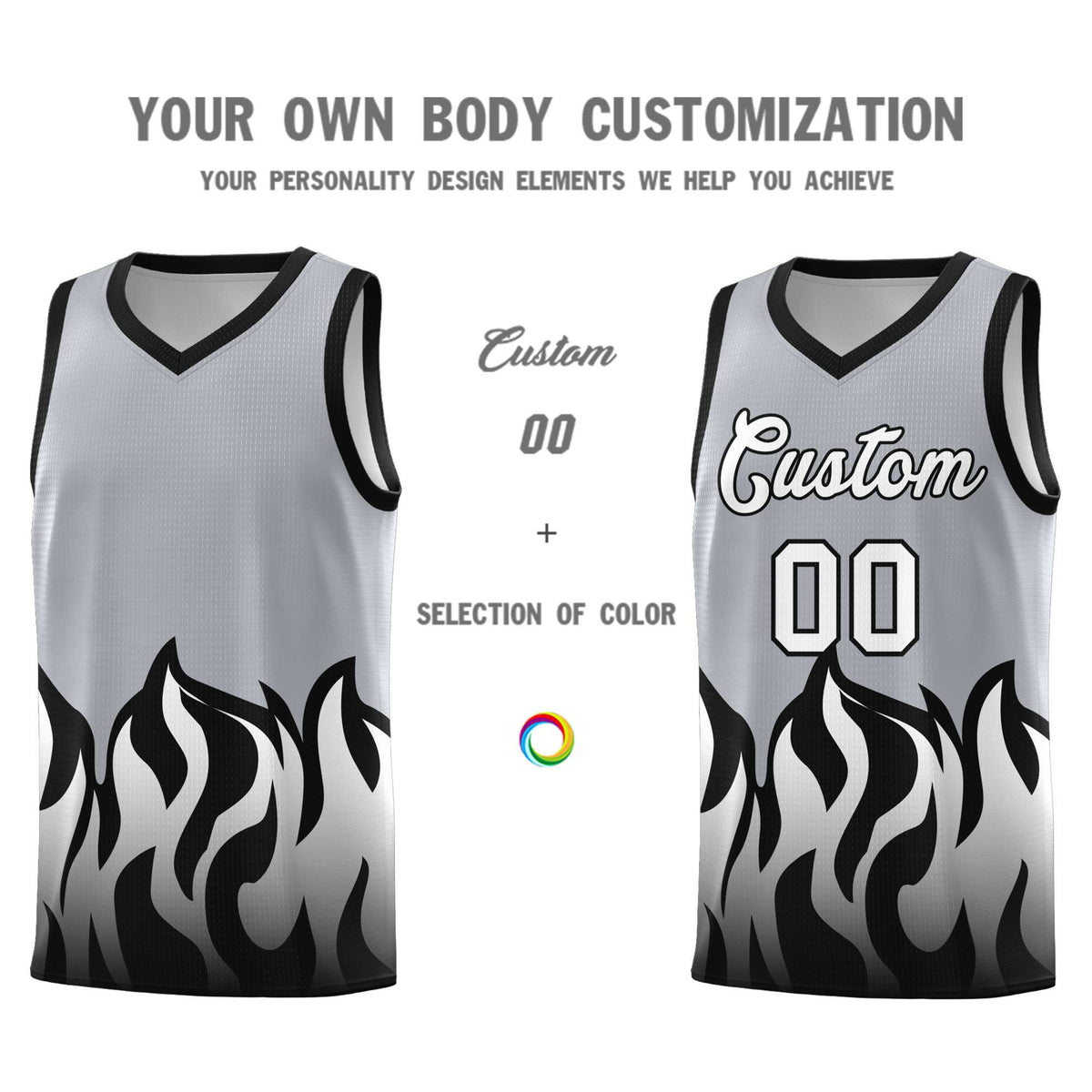 Custom Gray Black Hem Flame Pattern Fashion Sports Uniform Basketball Kits
