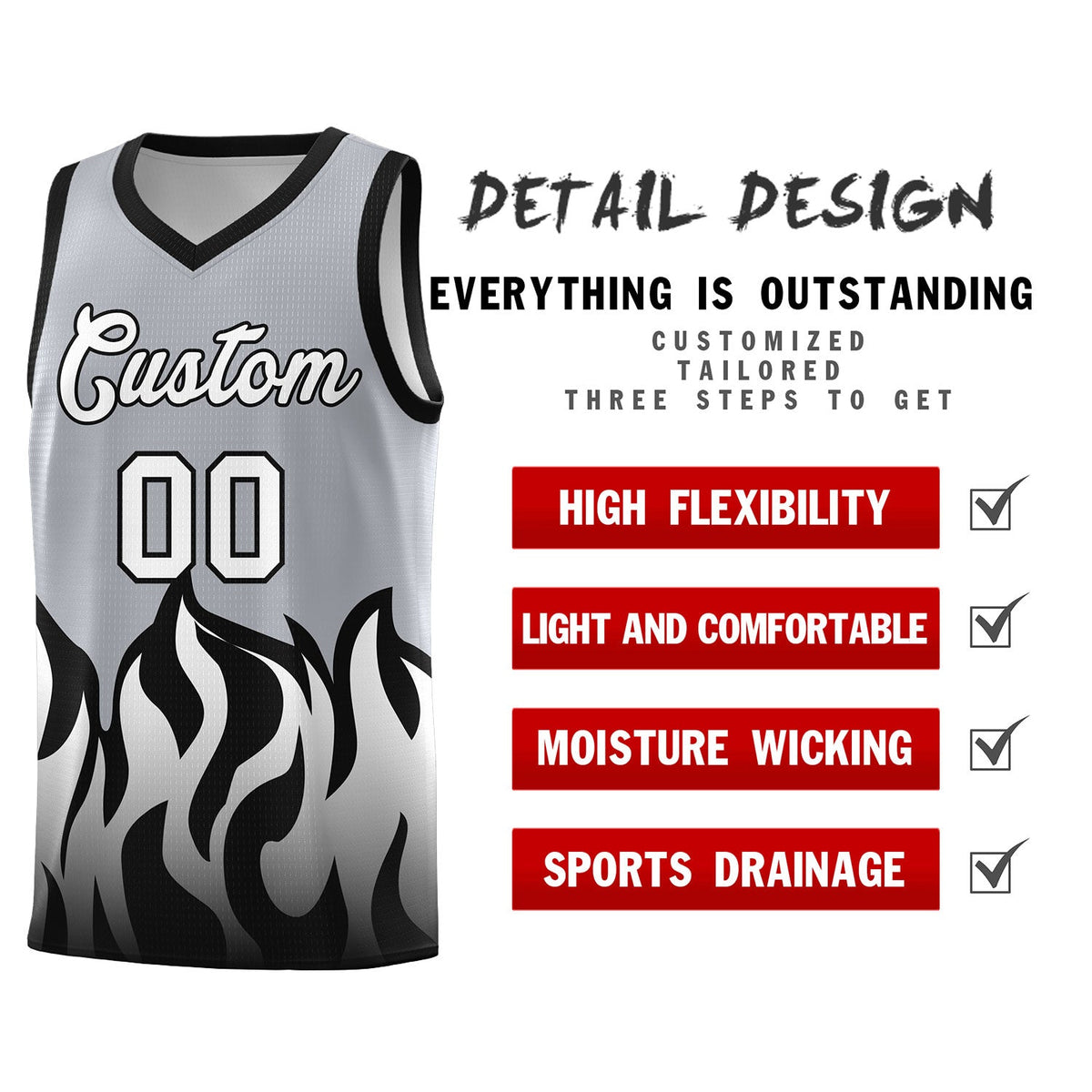 Custom Gray Black Hem Flame Pattern Fashion Sports Uniform Basketball Kits