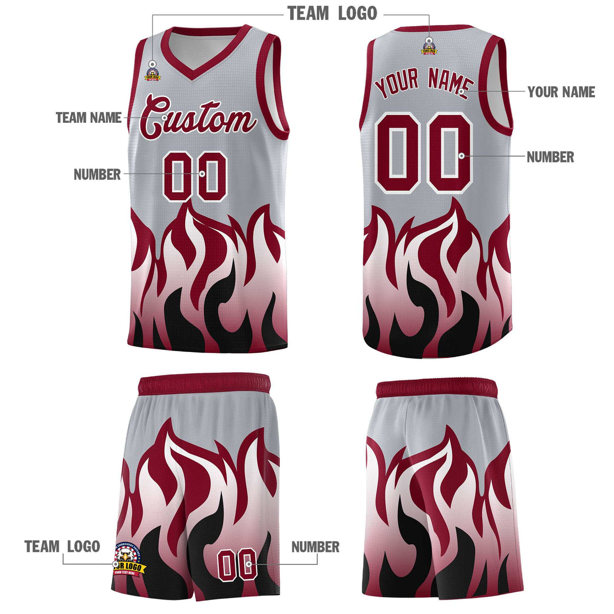 Custom Gray Crimson Hem Flame Pattern Fashion Sports Uniform Basketball Kits