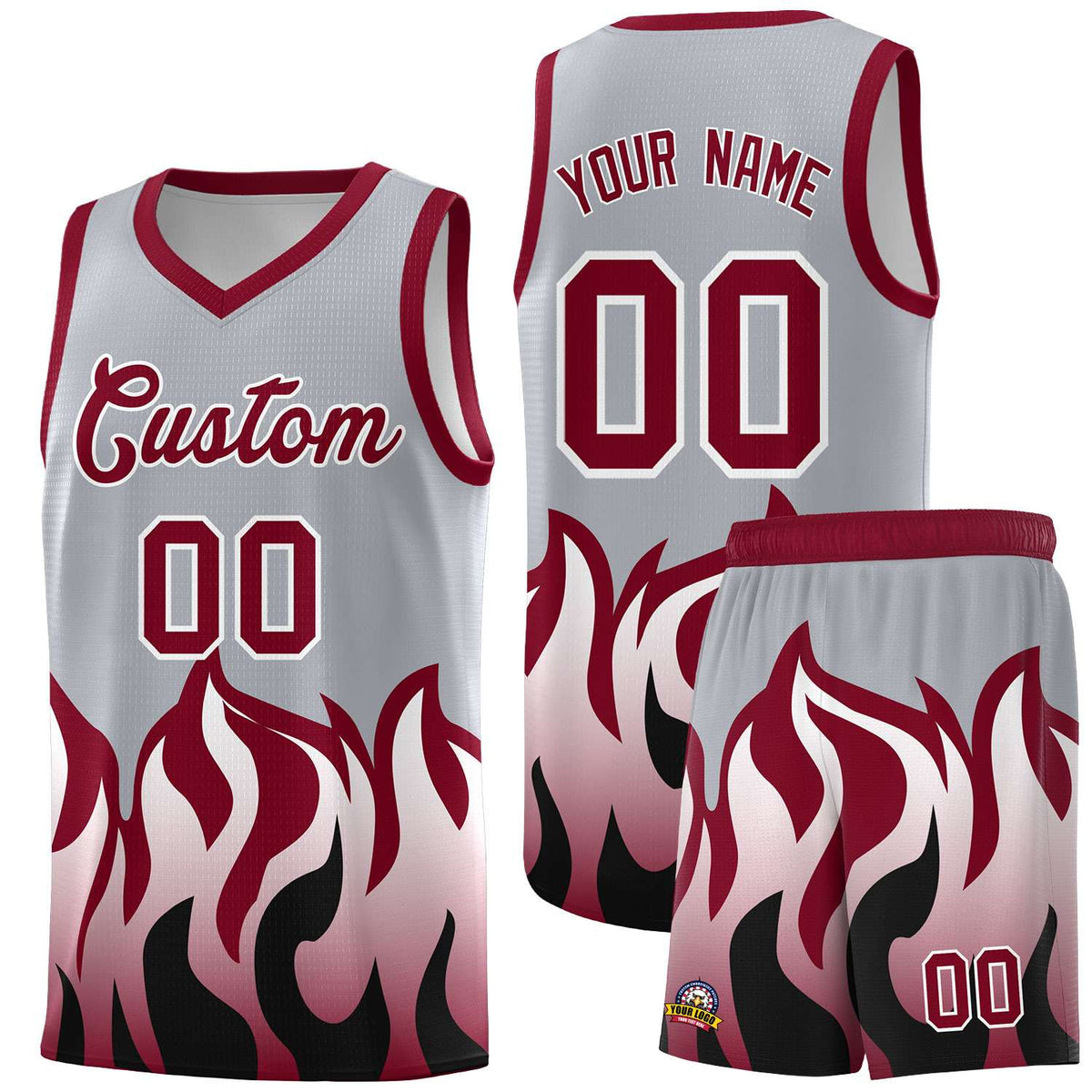 Custom Gray Crimson Hem Flame Pattern Fashion Sports Uniform Basketball Kits