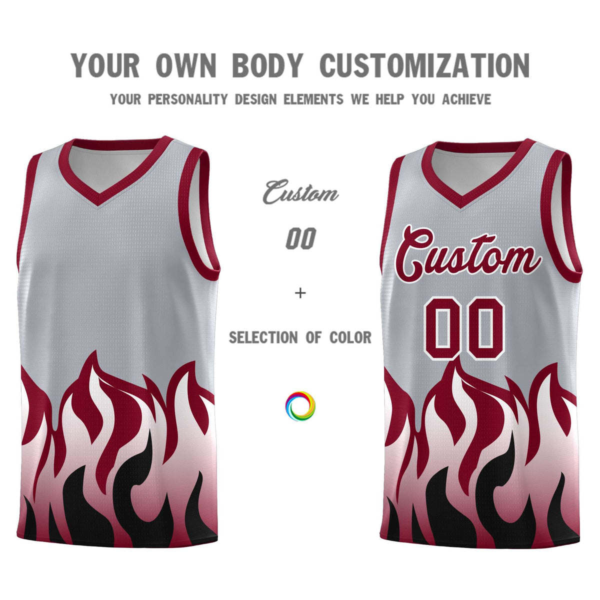 Custom Gray Crimson Hem Flame Pattern Fashion Sports Uniform Basketball Kits