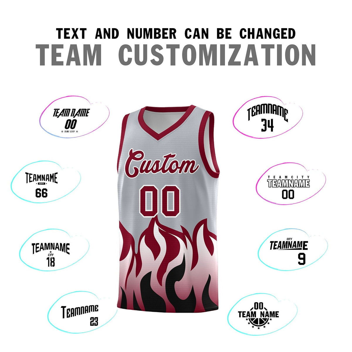 Custom Gray Crimson Hem Flame Pattern Fashion Sports Uniform Basketball Kits