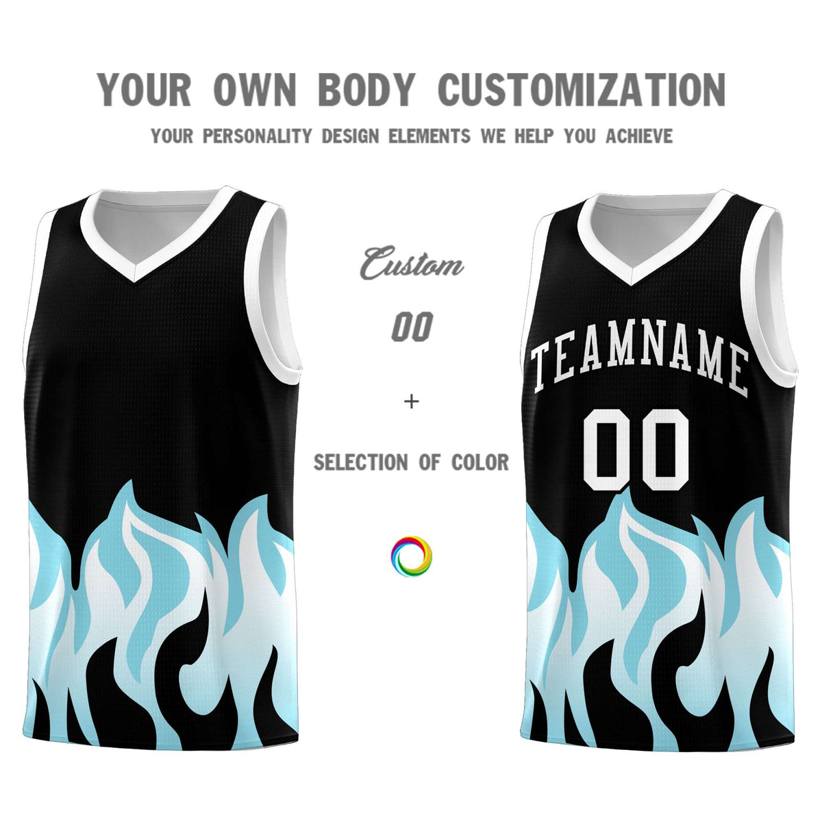 Custom Black Sky Blue Hem Flame Pattern Fashion Sports Uniform Basketball Kits