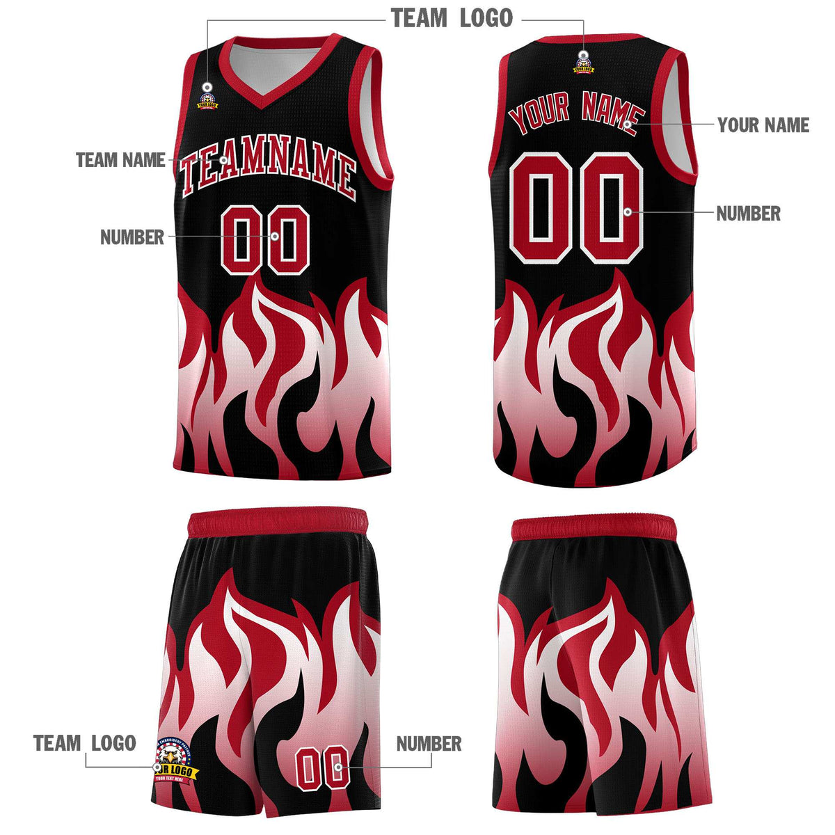 Custom Black Red Hem Flame Pattern Fashion Sports Uniform Basketball Kits