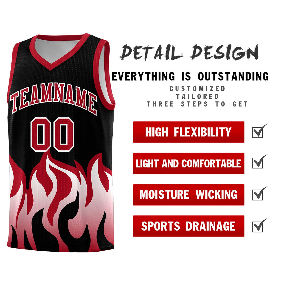 Custom Black Red Hem Flame Pattern Fashion Sports Uniform Basketball Kits