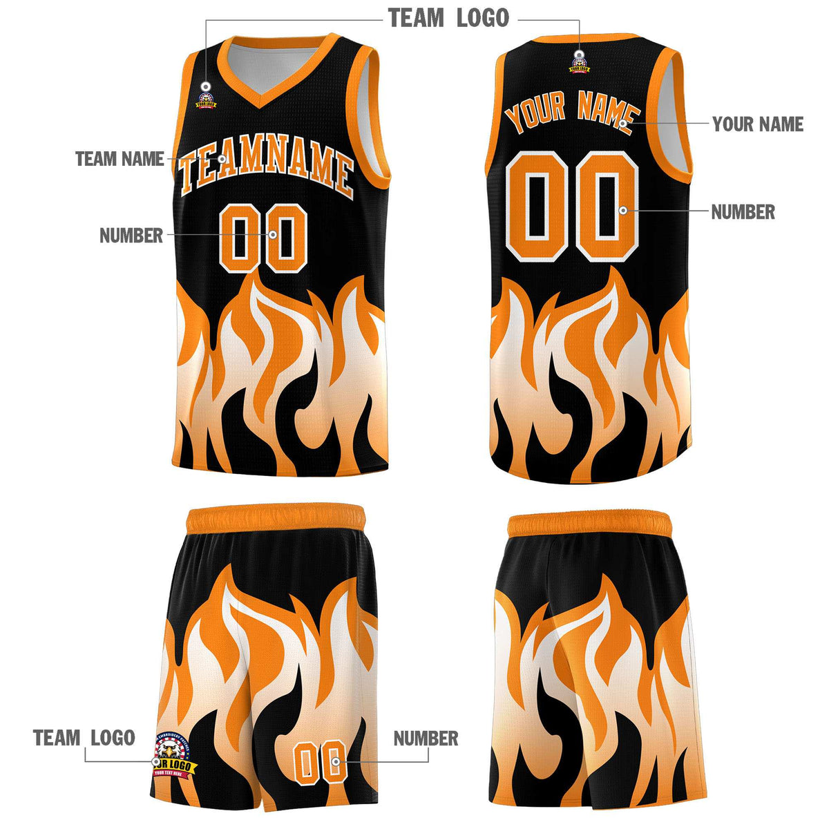 Custom Black Orange Hem Flame Pattern Fashion Sports Uniform Basketball Kits