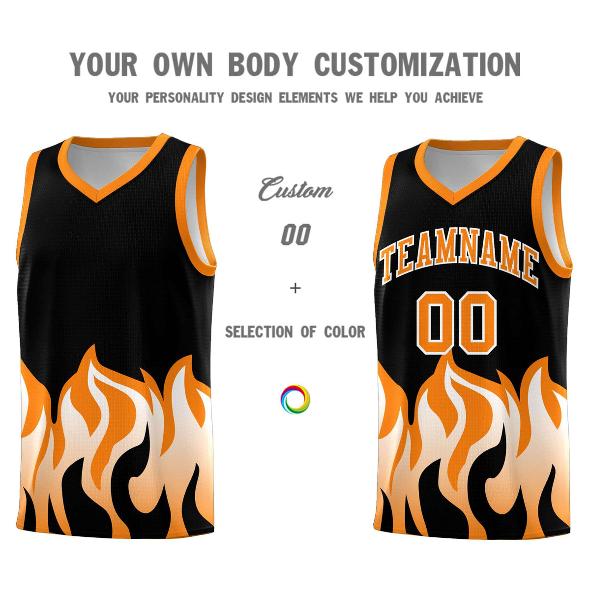 Custom Black Orange Hem Flame Pattern Fashion Sports Uniform Basketball Kits
