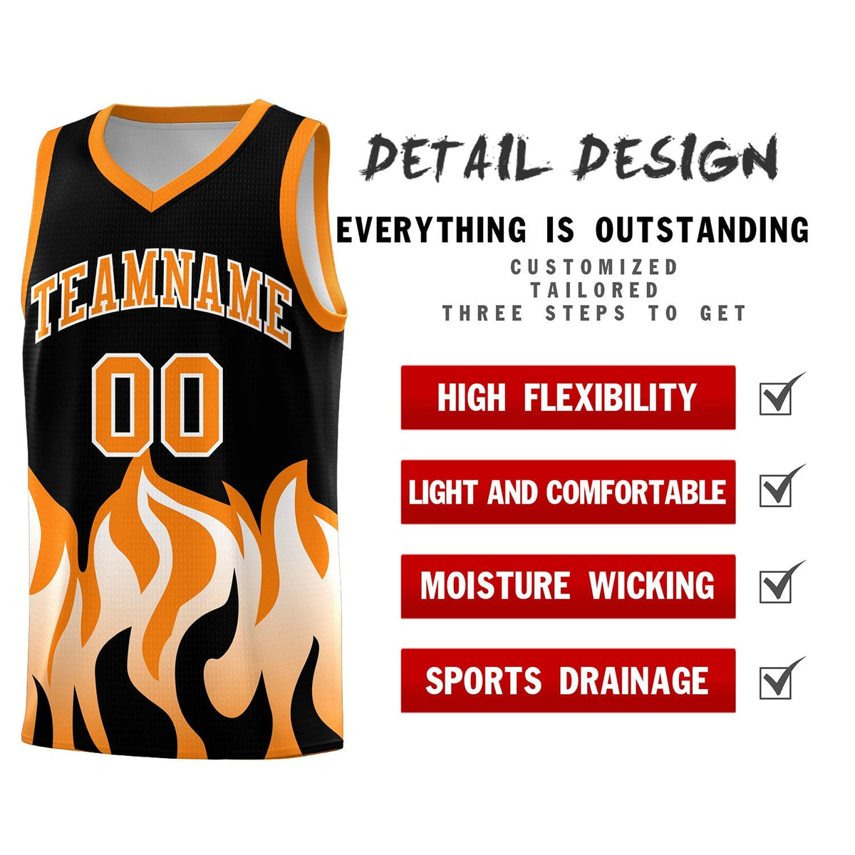 Custom Black Orange Hem Flame Pattern Fashion Sports Uniform Basketball Kits
