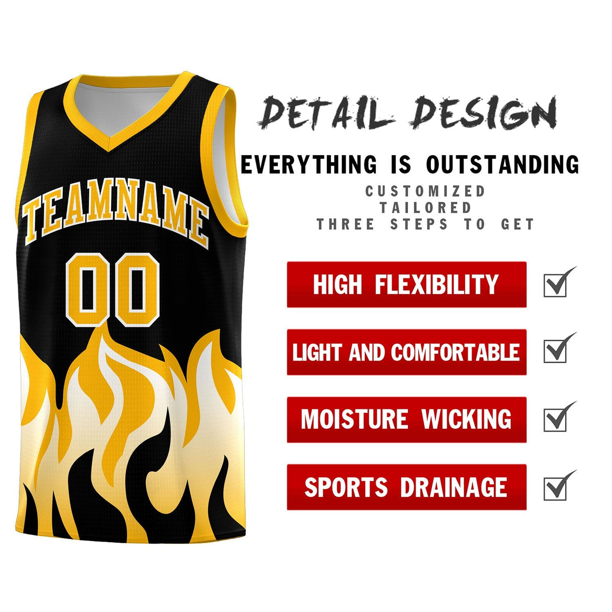 Custom Black Yellow Hem Flame Pattern Fashion Sports Uniform Basketball Kits