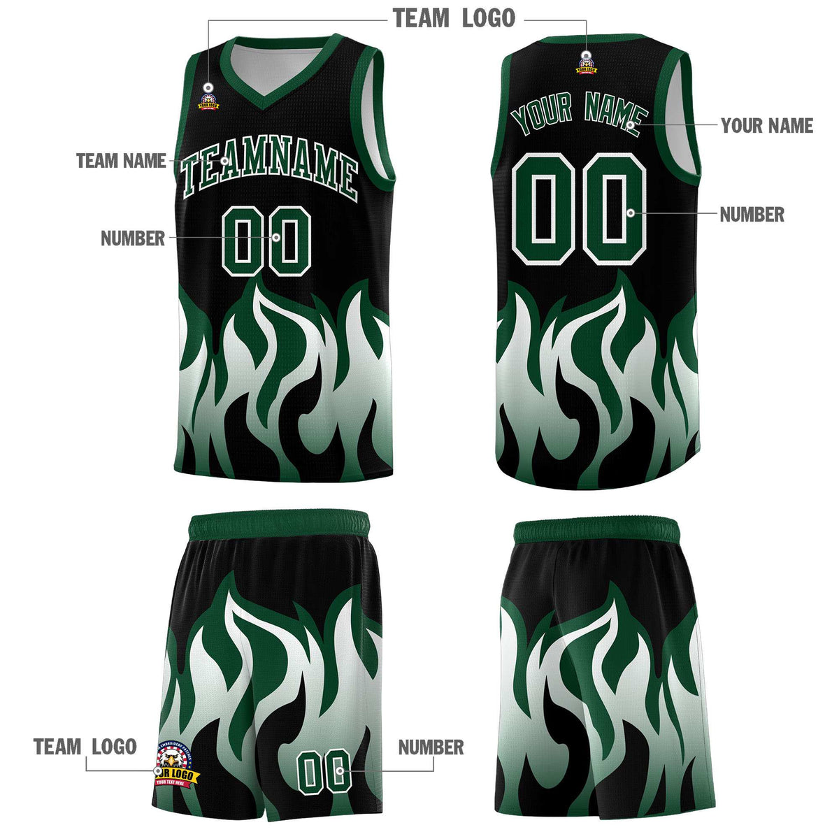 Custom Black Hunter Green Hem Flame Pattern Fashion Sports Uniform Basketball Kits