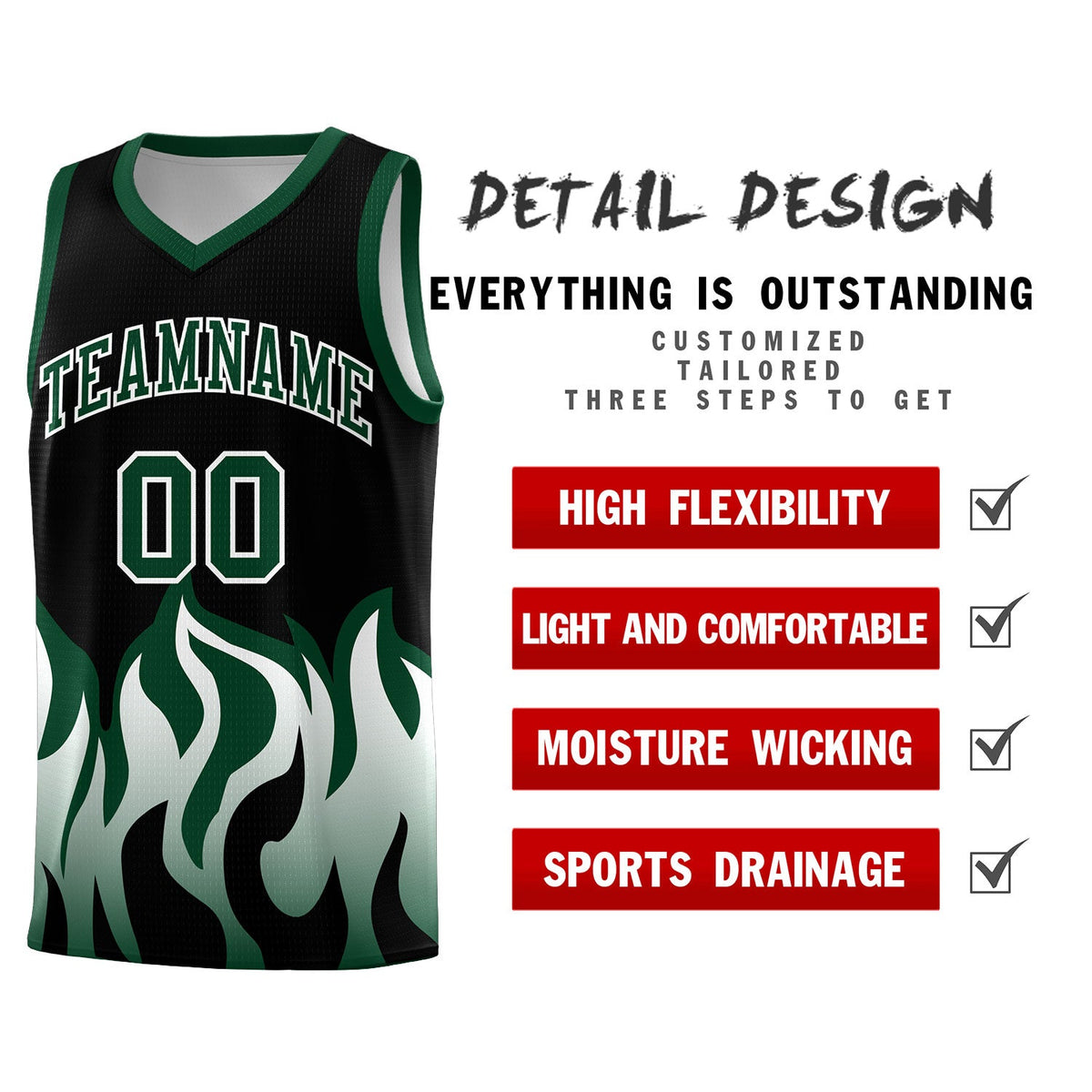 Custom Black Hunter Green Hem Flame Pattern Fashion Sports Uniform Basketball Kits