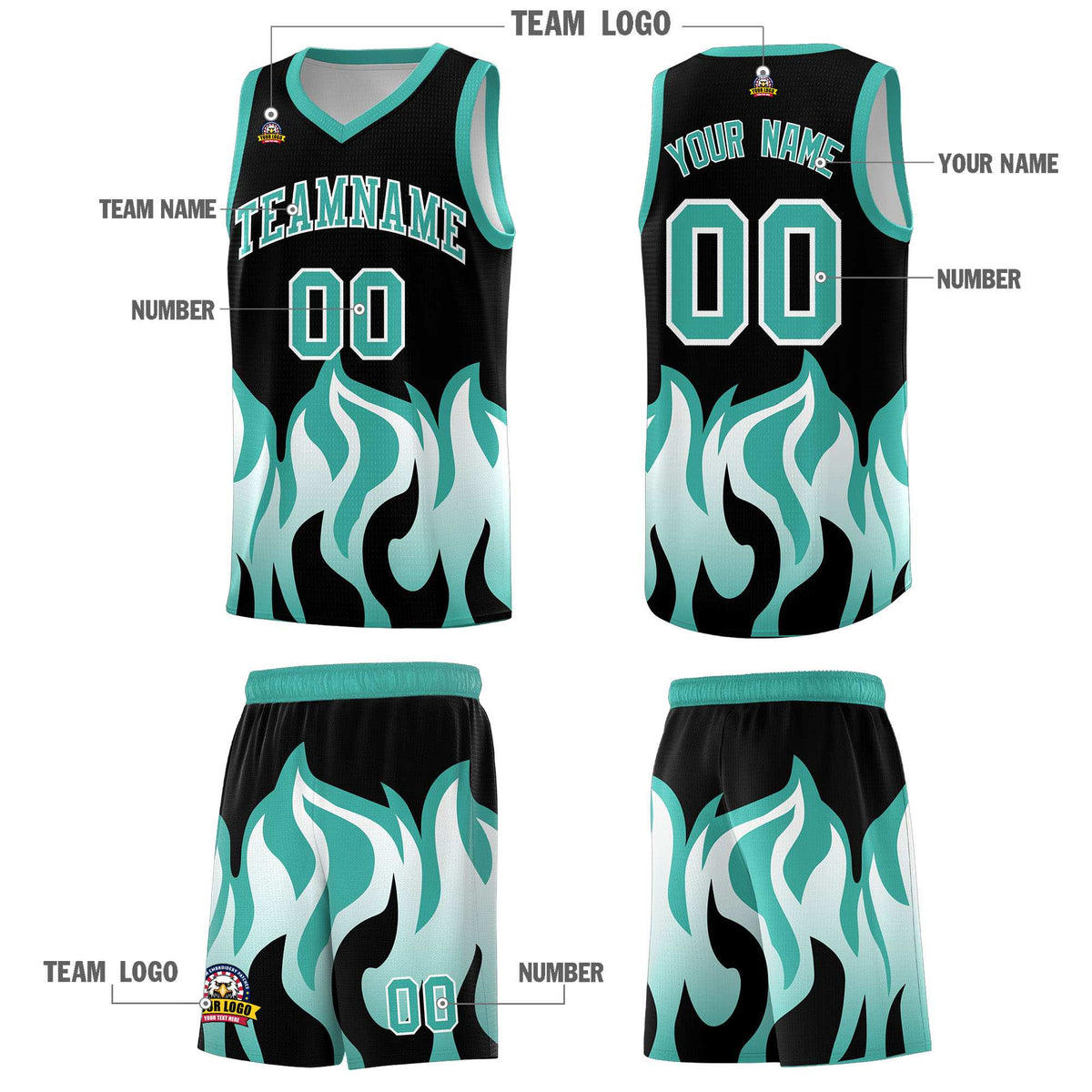 Custom Black Bright Green Hem Flame Pattern Fashion Sports Uniform Basketball Kits