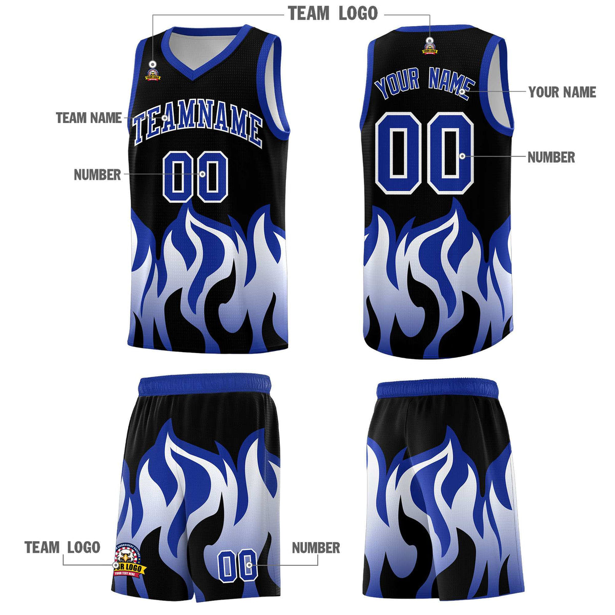Custom Black Royal Hem Flame Pattern Fashion Sports Uniform Basketball Kits