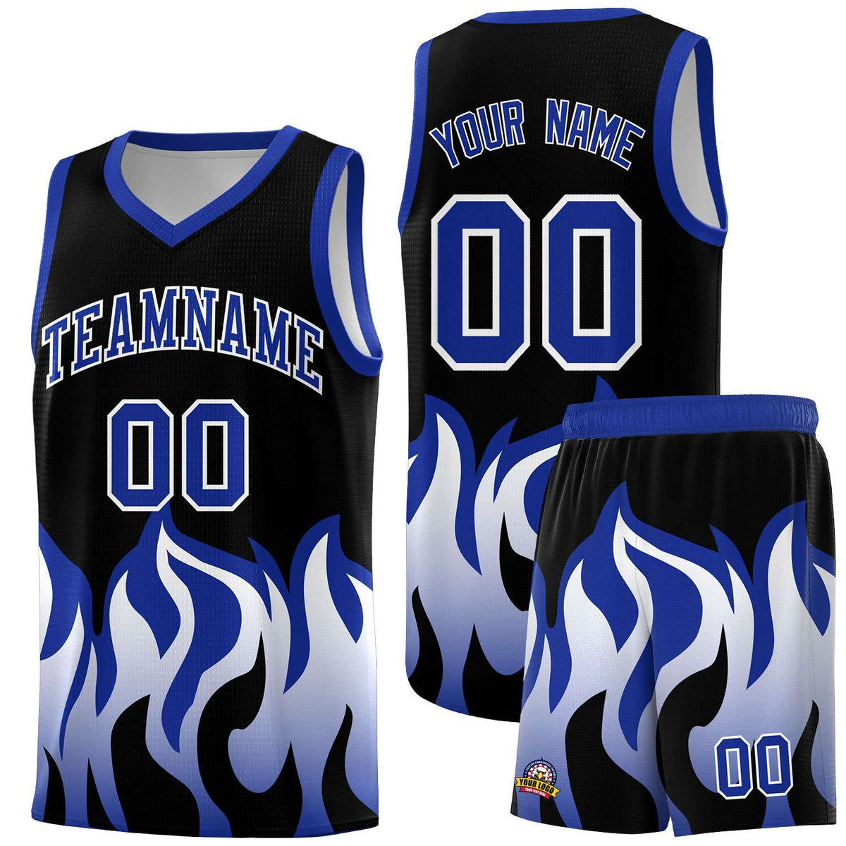 Custom Black Royal Hem Flame Pattern Fashion Sports Uniform Basketball Kits