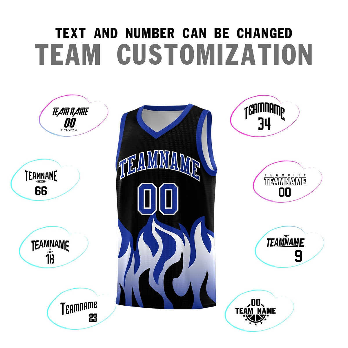 Custom Black Royal Hem Flame Pattern Fashion Sports Uniform Basketball Kits