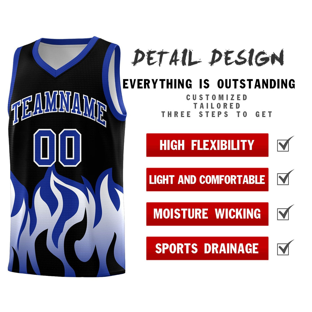 Custom Black Royal Hem Flame Pattern Fashion Sports Uniform Basketball Kits