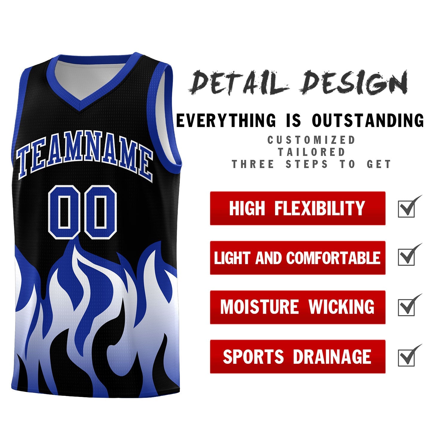 Custom Black Royal Hem Flame Pattern Fashion Sports Uniform Basketball Kits
