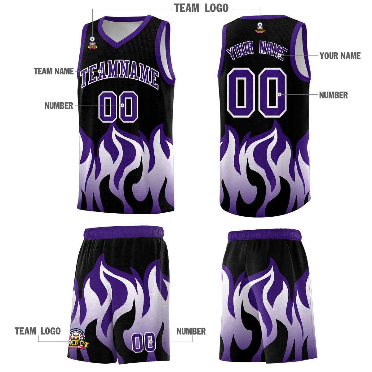 Custom Black Purple Hem Flame Pattern Fashion Sports Uniform Basketball Kits