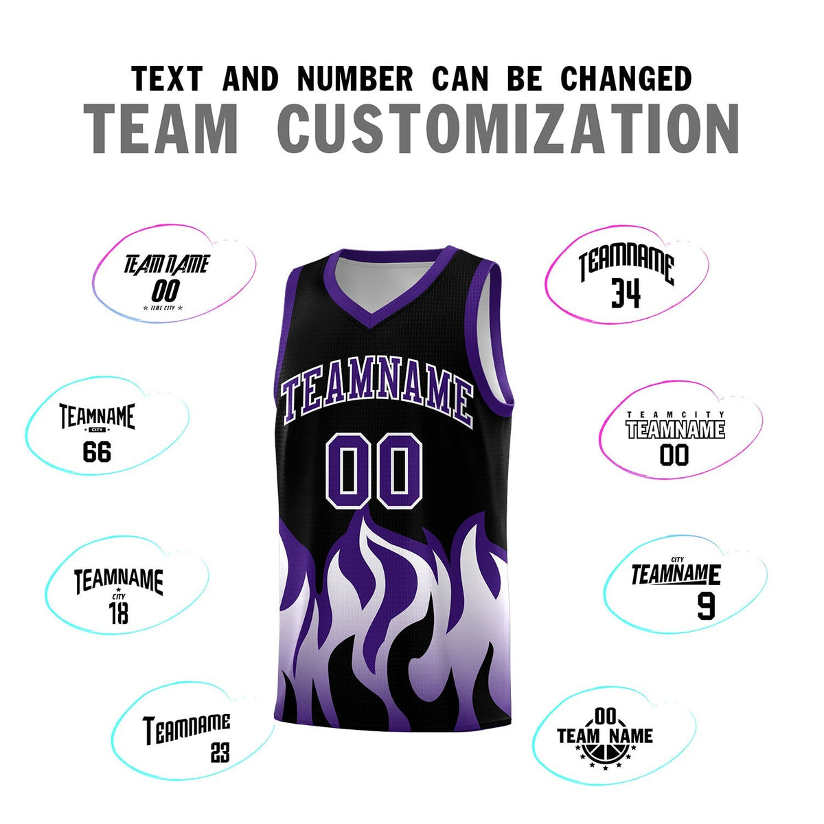 Custom Black Purple Hem Flame Pattern Fashion Sports Uniform Basketball Kits