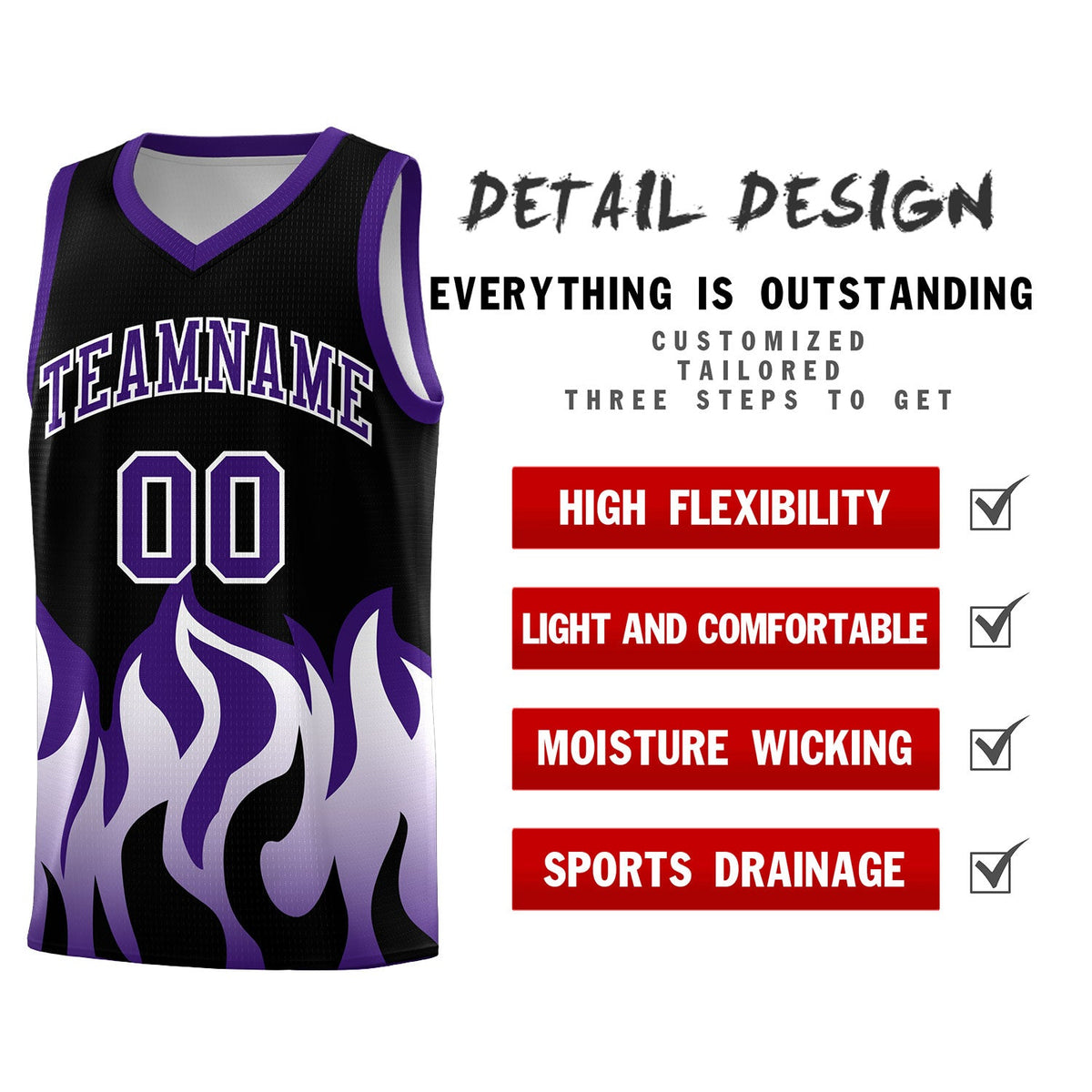 Custom Black Purple Hem Flame Pattern Fashion Sports Uniform Basketball Kits