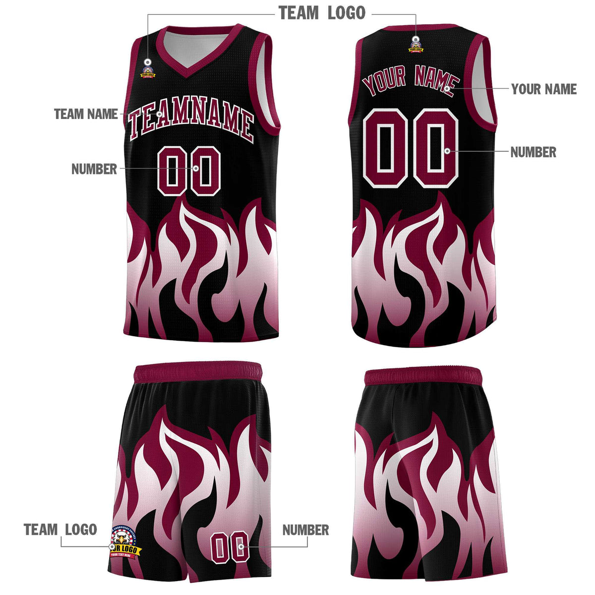 Custom Black Crimson Hem Flame Pattern Fashion Sports Uniform Basketball Kits