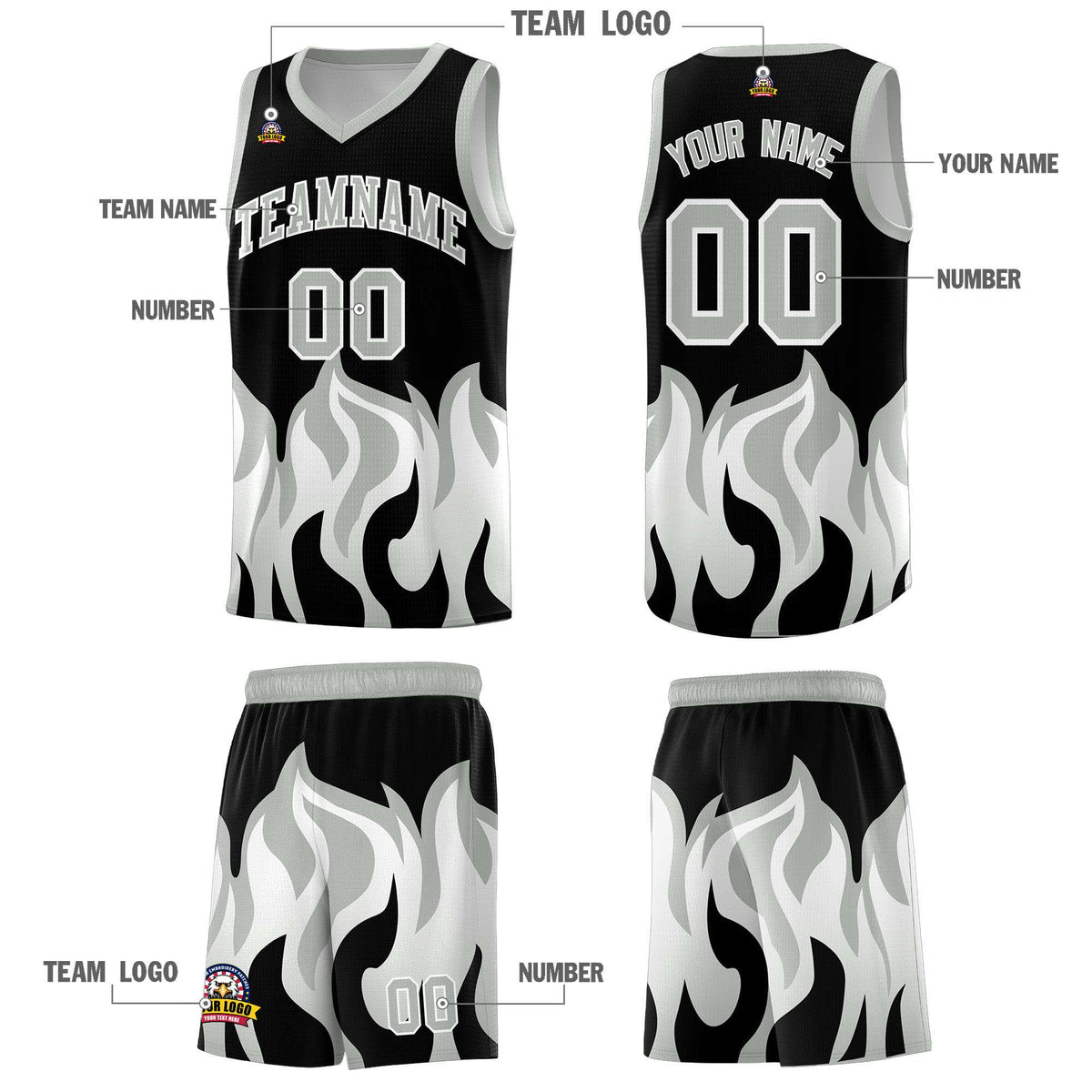 Custom Black Gray Hem Flame Pattern Fashion Sports Uniform Basketball Kits
