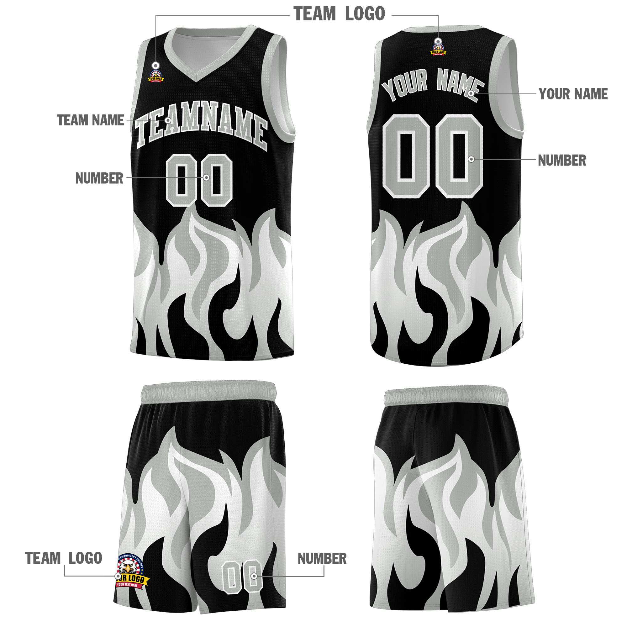 Custom Black Gray Hem Flame Pattern Fashion Sports Uniform Basketball Kits