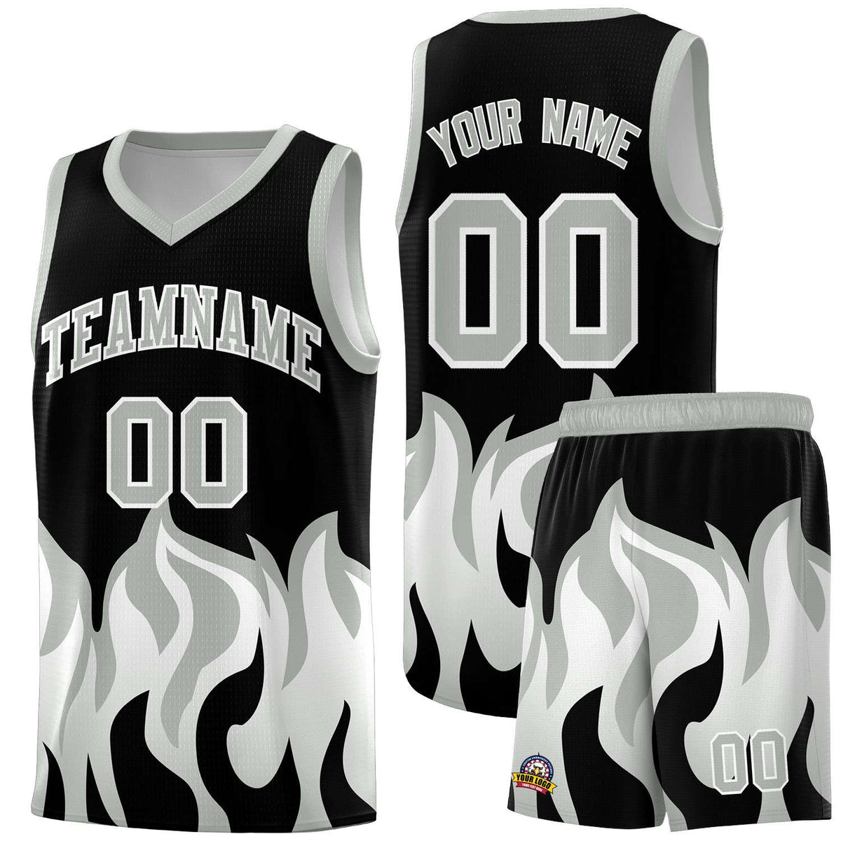 Custom Black Gray Hem Flame Pattern Fashion Sports Uniform Basketball Kits