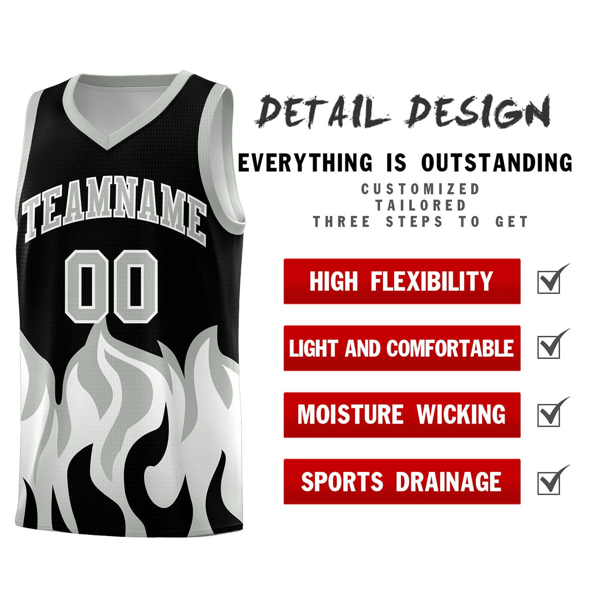 Custom Black Gray Hem Flame Pattern Fashion Sports Uniform Basketball Kits