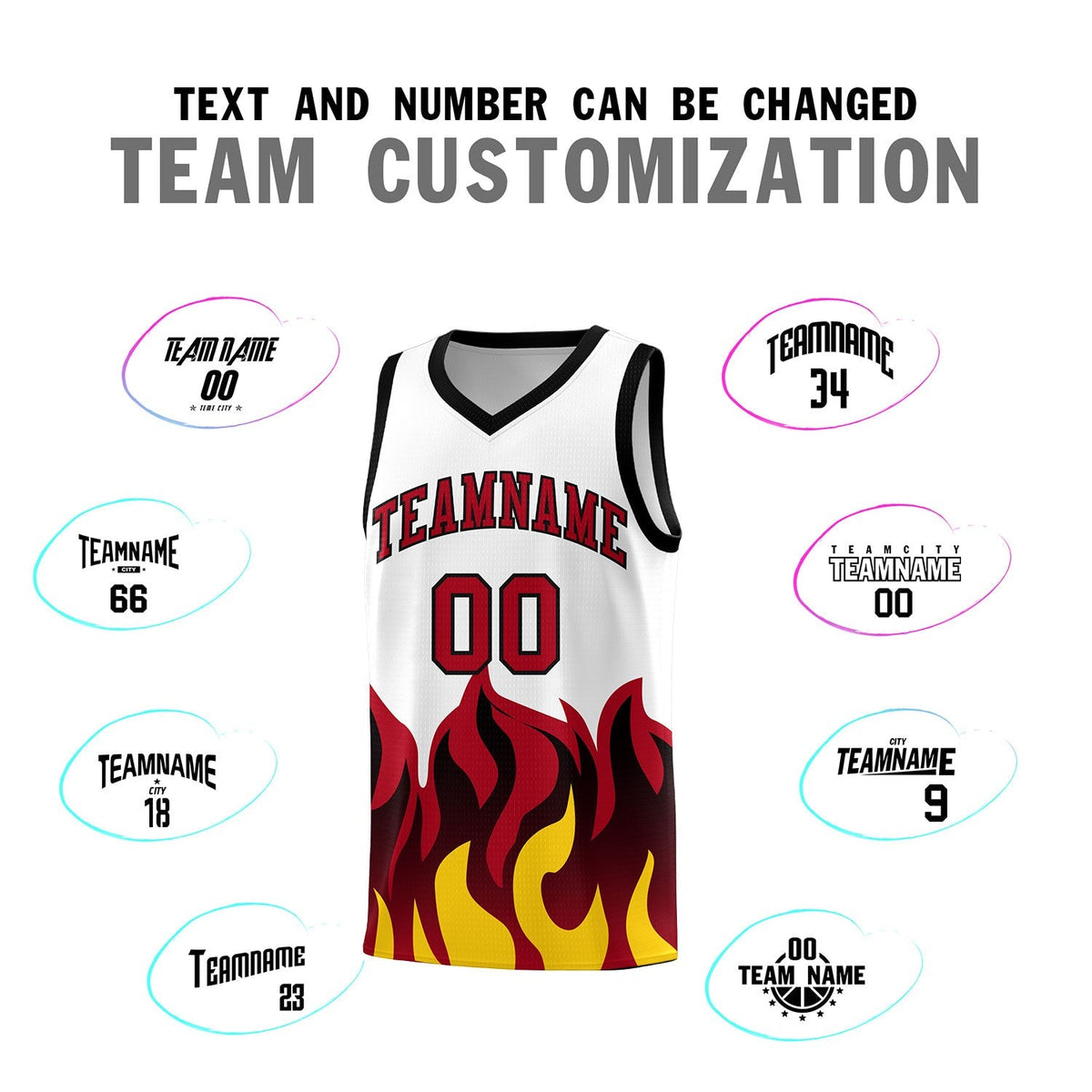 Custom White Red Hem Flame Pattern Fashion Sports Uniform Basketball Kits
