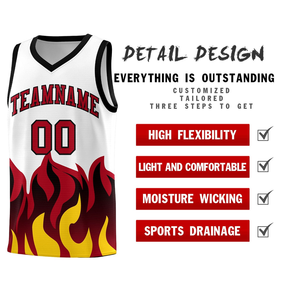 Custom White Red Hem Flame Pattern Fashion Sports Uniform Basketball Kits