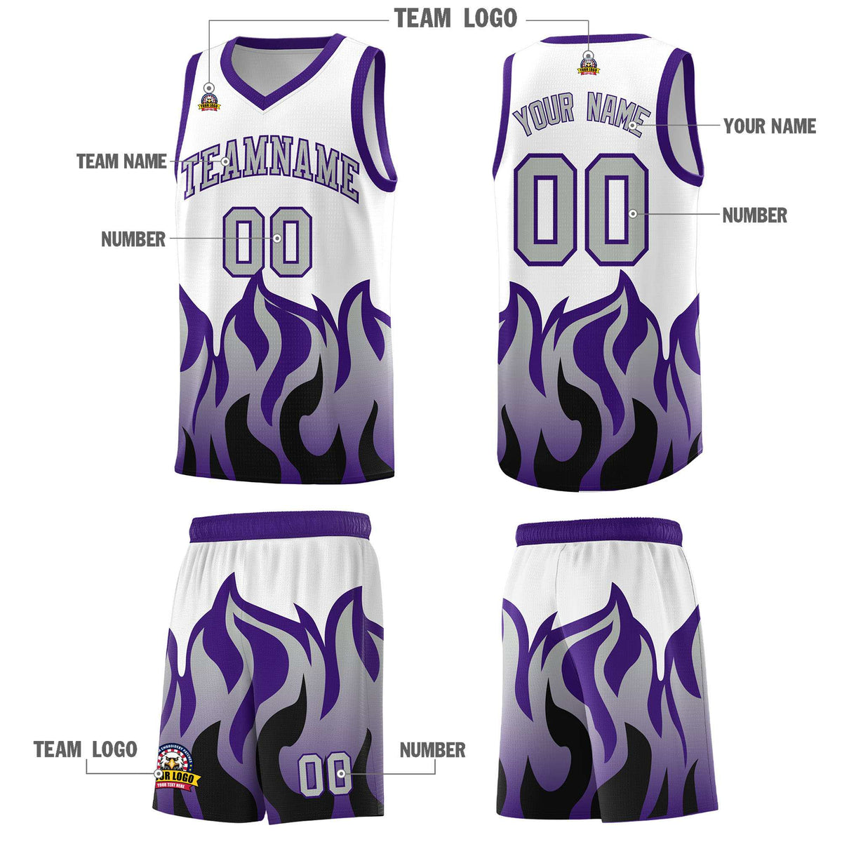 Custom White Purple Hem Flame Pattern Fashion Sports Uniform Basketball Kits