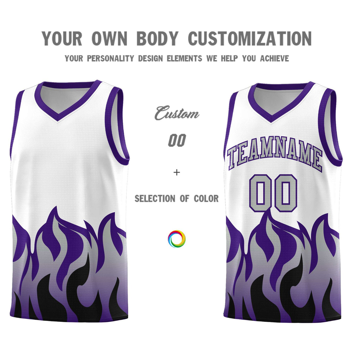 Custom White Purple Hem Flame Pattern Fashion Sports Uniform Basketball Kits