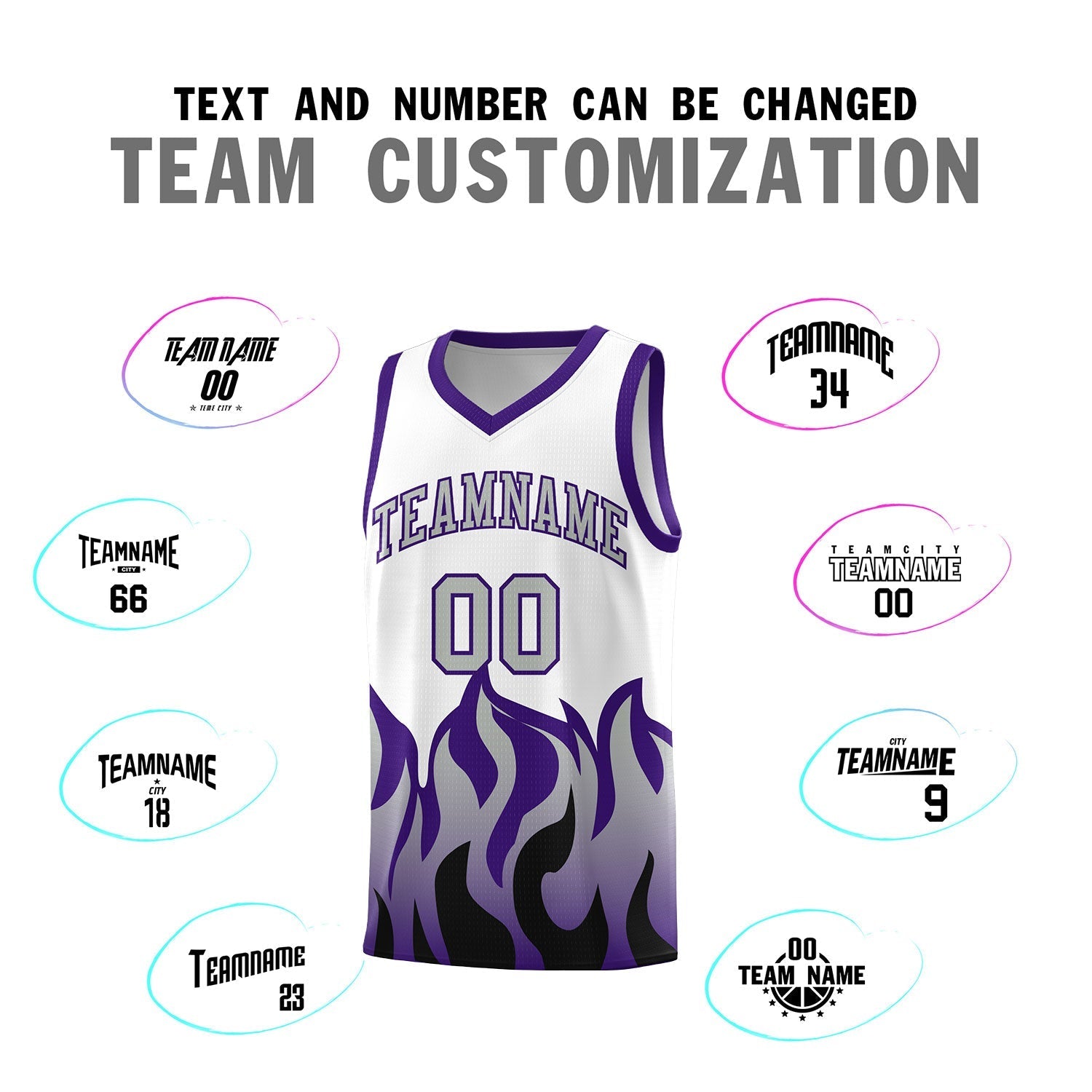 Custom White Purple Hem Flame Pattern Fashion Sports Uniform Basketball Kits
