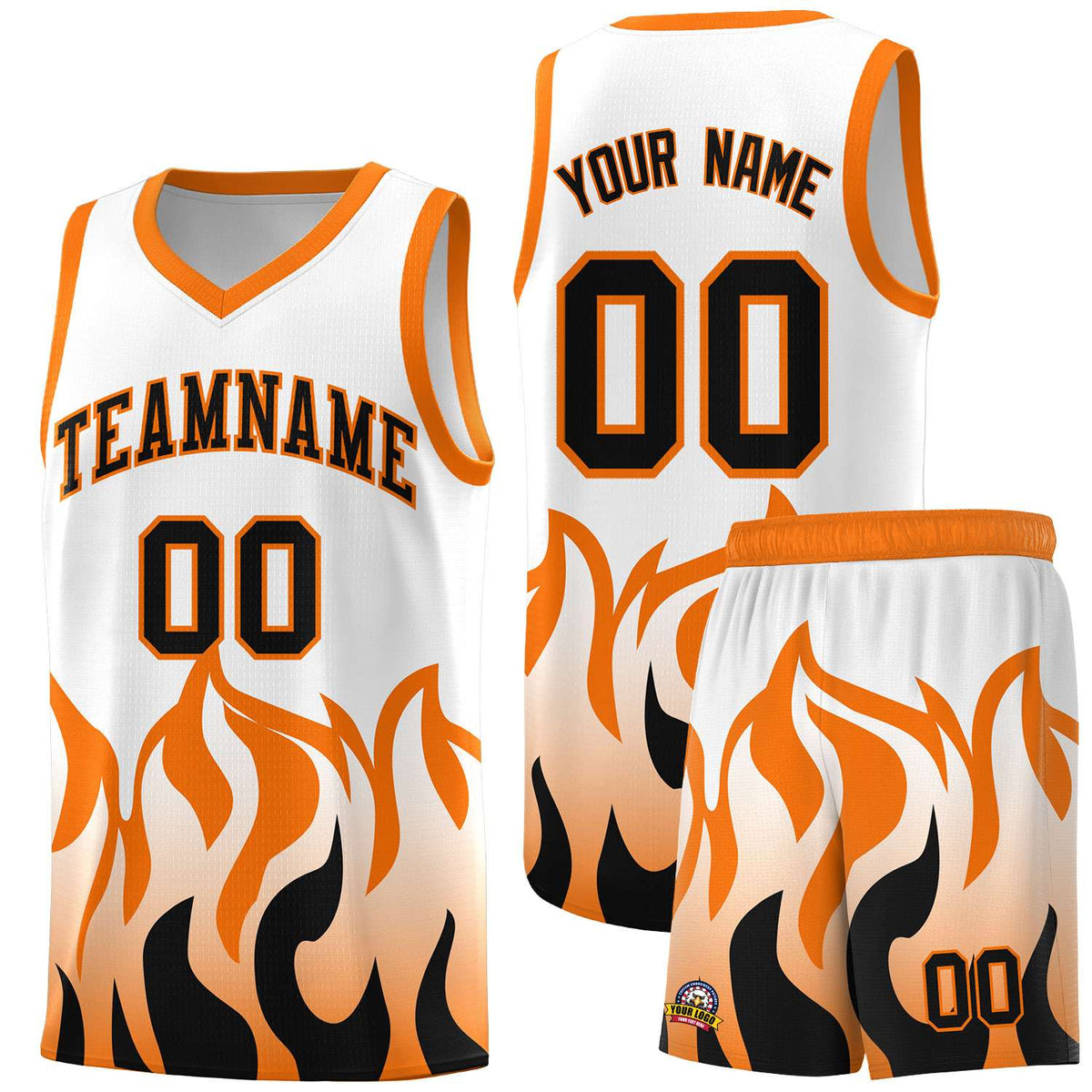 Custom White Orange Hem Flame Pattern Fashion Sports Uniform Basketball Kits