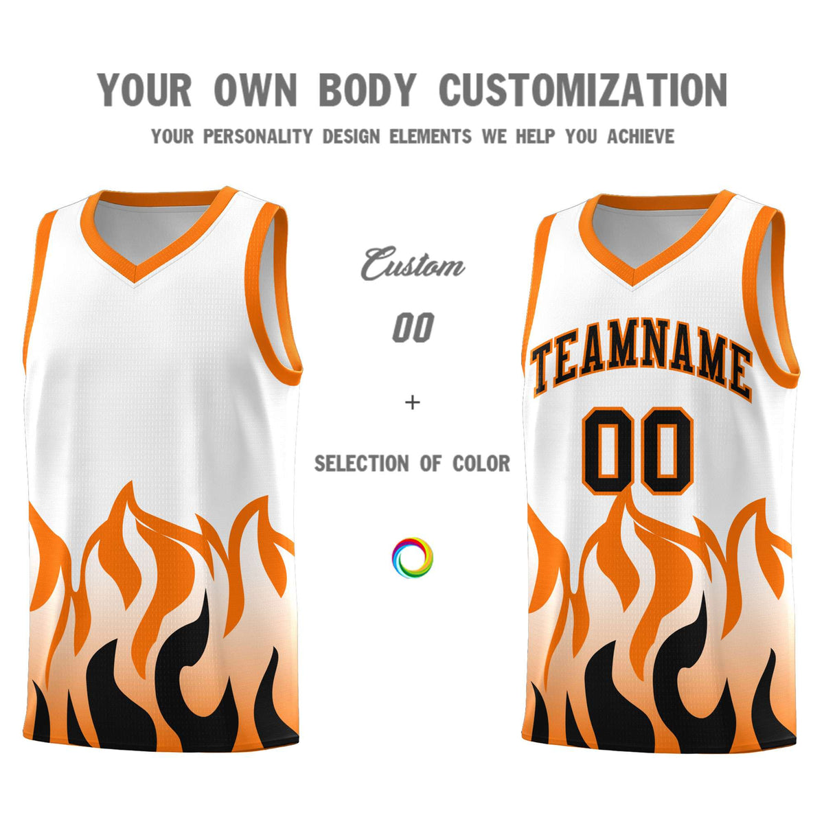 Custom White Orange Hem Flame Pattern Fashion Sports Uniform Basketball Kits