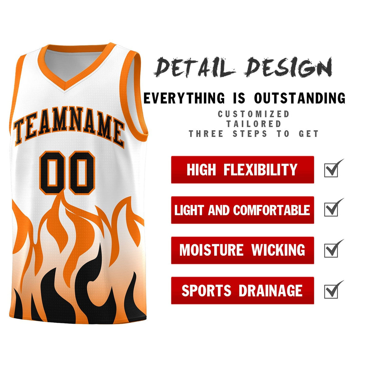 Custom White Orange Hem Flame Pattern Fashion Sports Uniform Basketball Kits