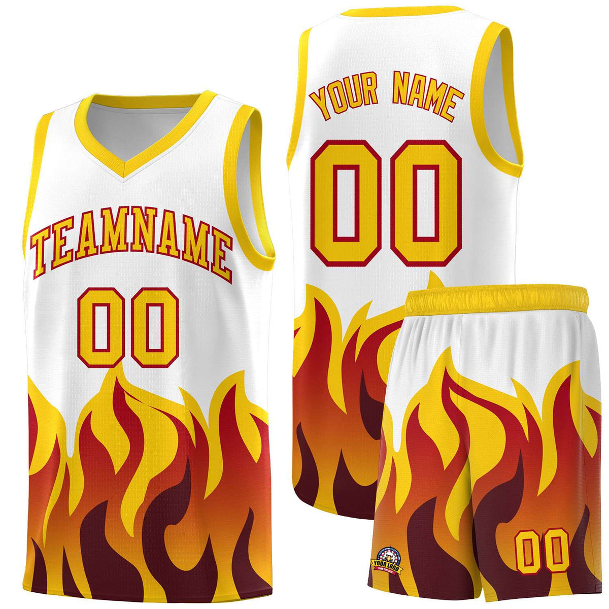 Custom White Gold Hem Flame Pattern Fashion Sports Uniform Basketball Kits
