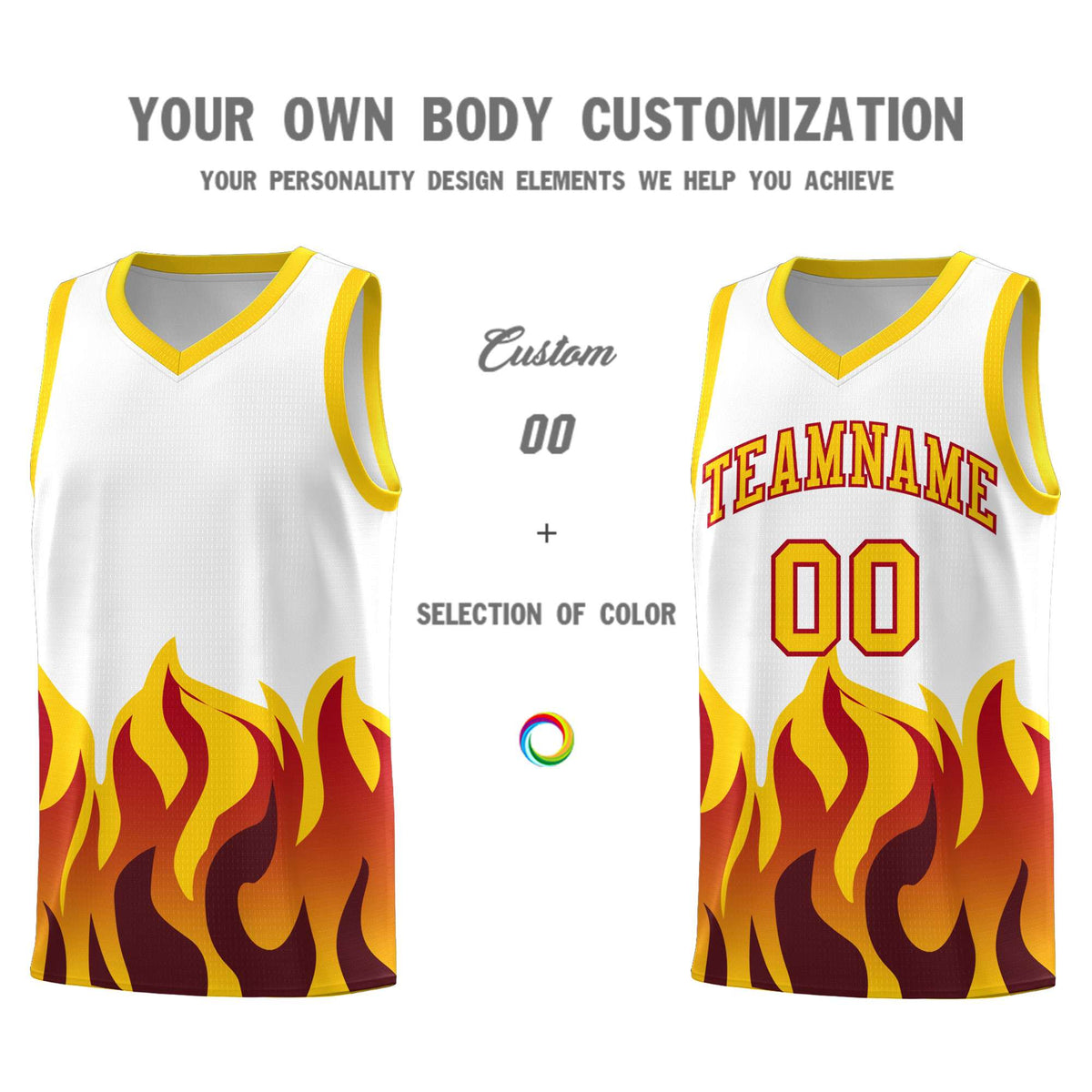 Custom White Gold Hem Flame Pattern Fashion Sports Uniform Basketball Kits