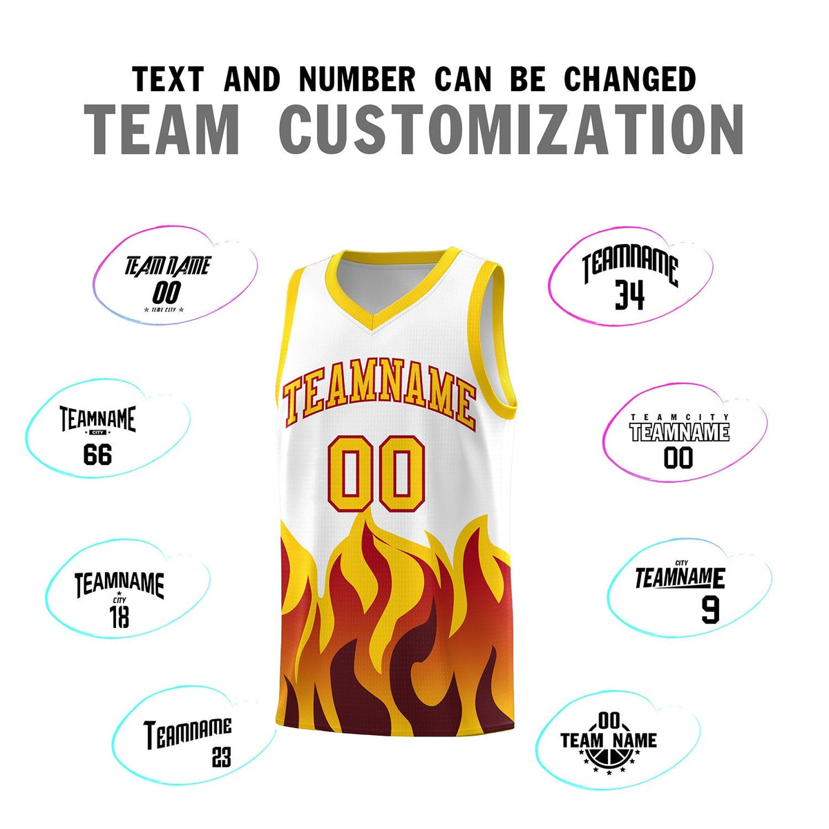 Custom White Gold Hem Flame Pattern Fashion Sports Uniform Basketball Kits