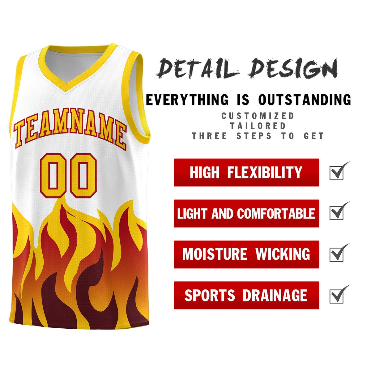Custom White Gold Hem Flame Pattern Fashion Sports Uniform Basketball Kits