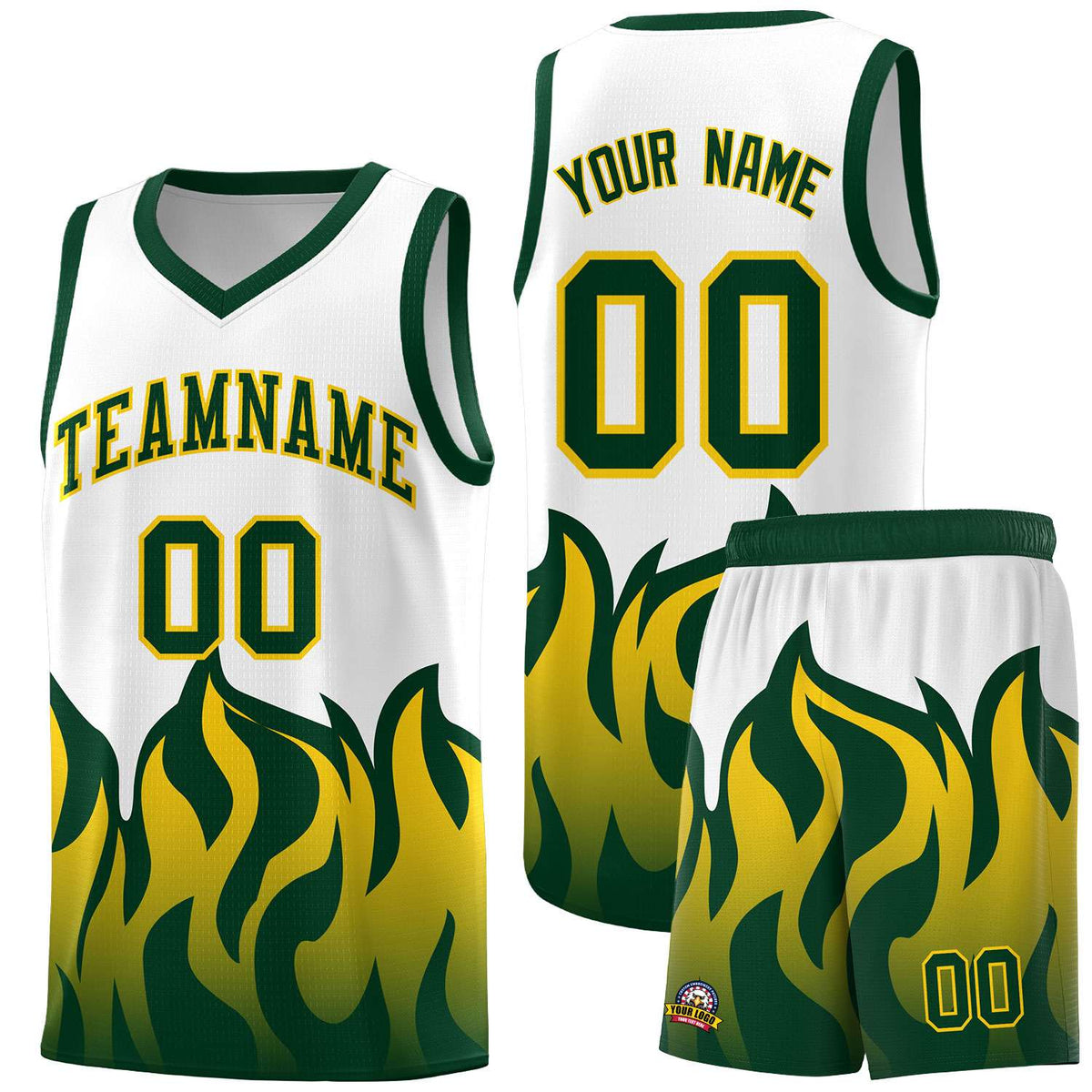 Custom White Hunter Green Hem Flame Pattern Fashion Sports Uniform Basketball Kits