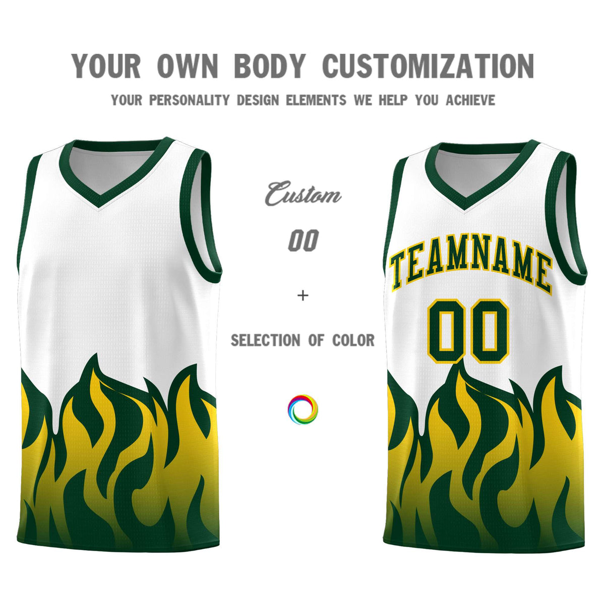 Custom White Hunter Green Hem Flame Pattern Fashion Sports Uniform Basketball Kits