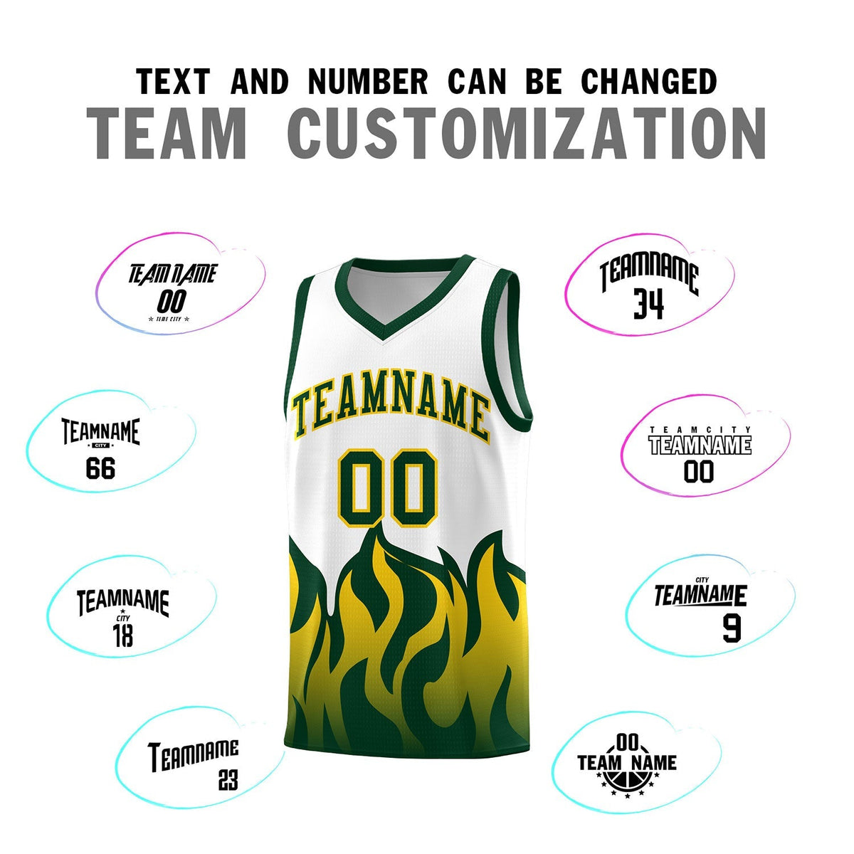 Custom White Hunter Green Hem Flame Pattern Fashion Sports Uniform Basketball Kits