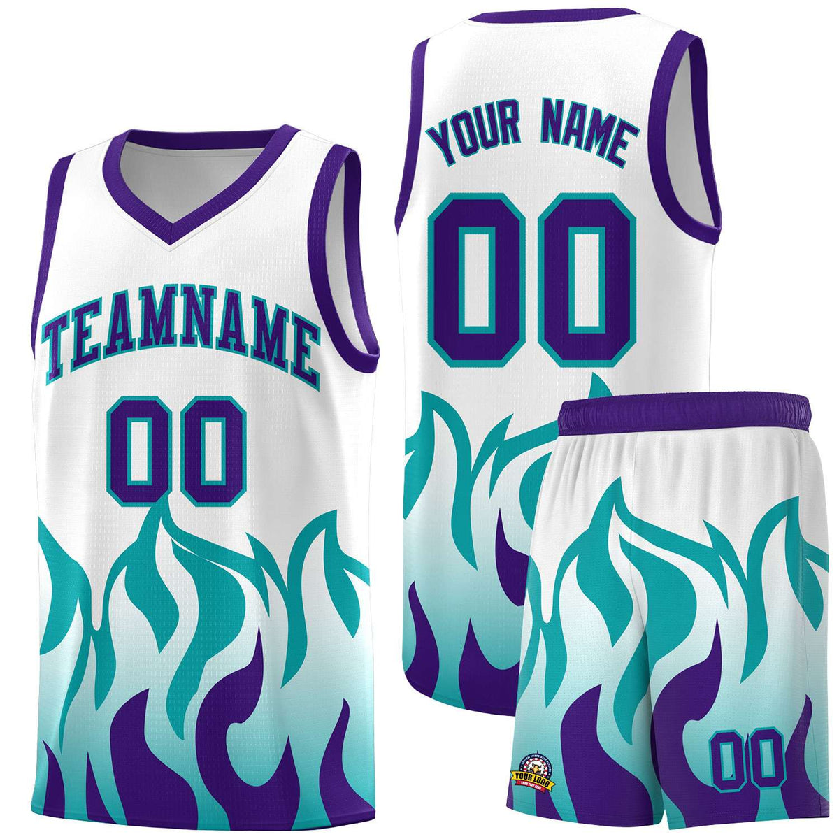 Custom White Aqua Hem Flame Pattern Fashion Sports Uniform Basketball Kits